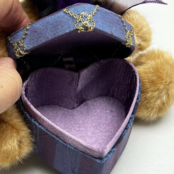 Dan Dee Brown Sitting Teddy Bear Plush Purple Hat Holding Heart Shaped Gift Box - Picture 9 of 13